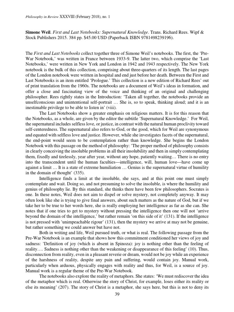 Simone Weil's Supernatural Knowledge Notebooks | PDF