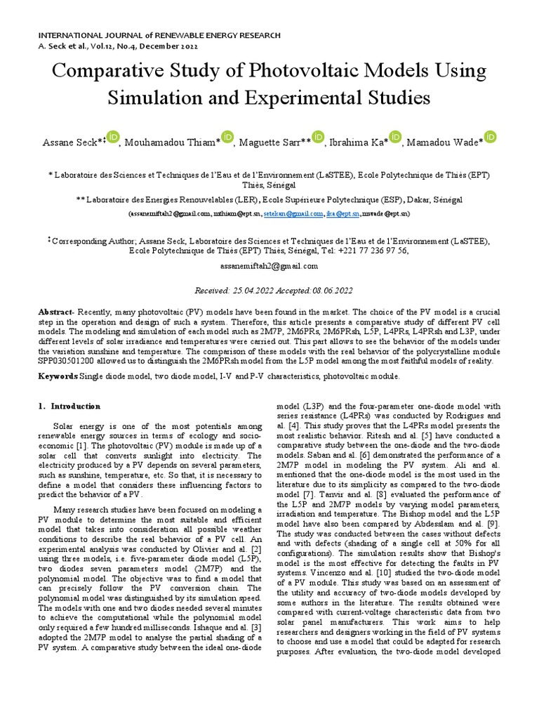 Comparative Study of Photovoltaic Models Using Simulation and ...
