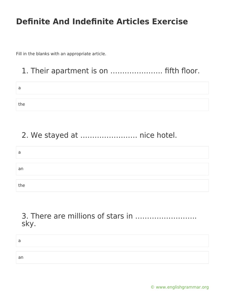 Definite And Indefinite Articles Exercise | PDF