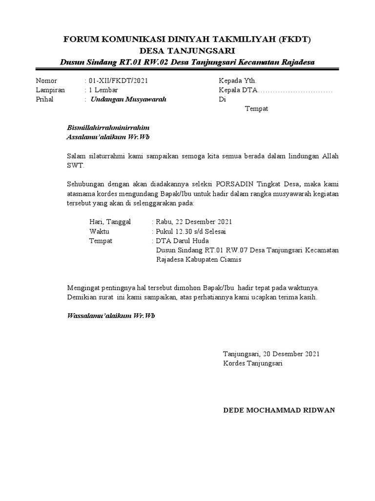 Surat Undangan Rapat FKDT | PDF