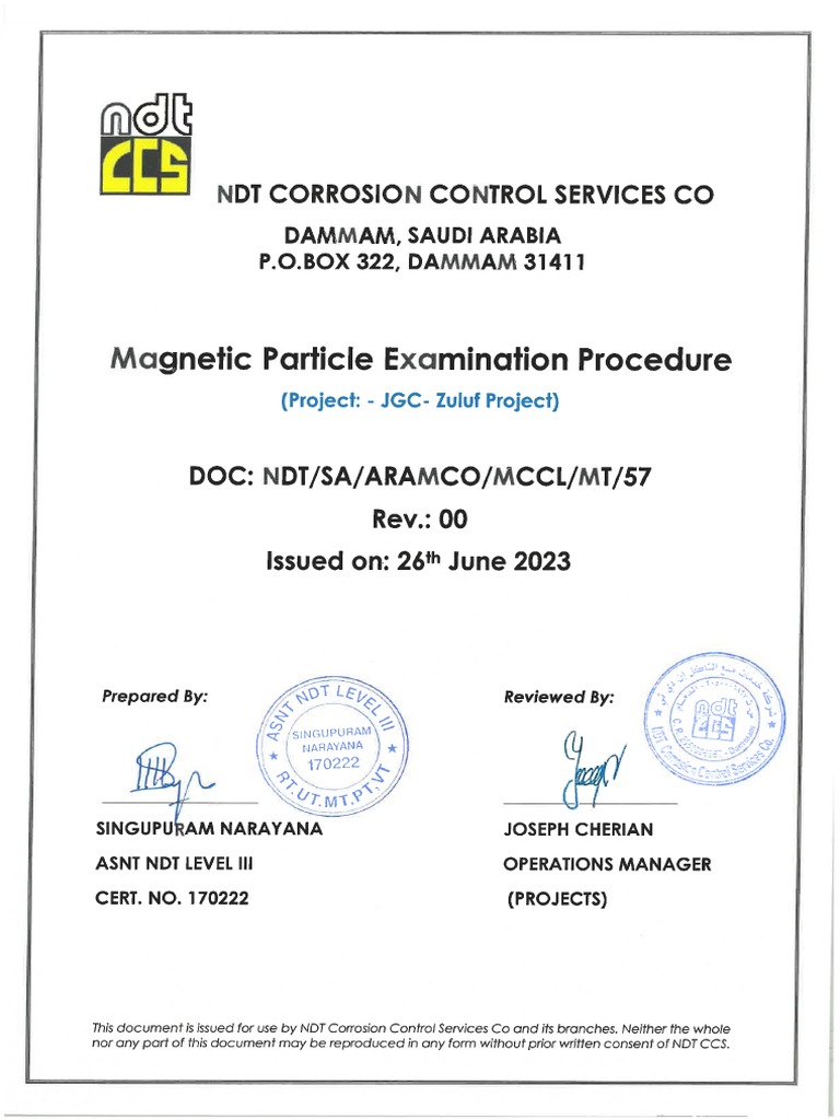 NDT-SA-ARAMCO-MCCL-MT-57 Rev 00-Date - 26-June-2023 | PDF