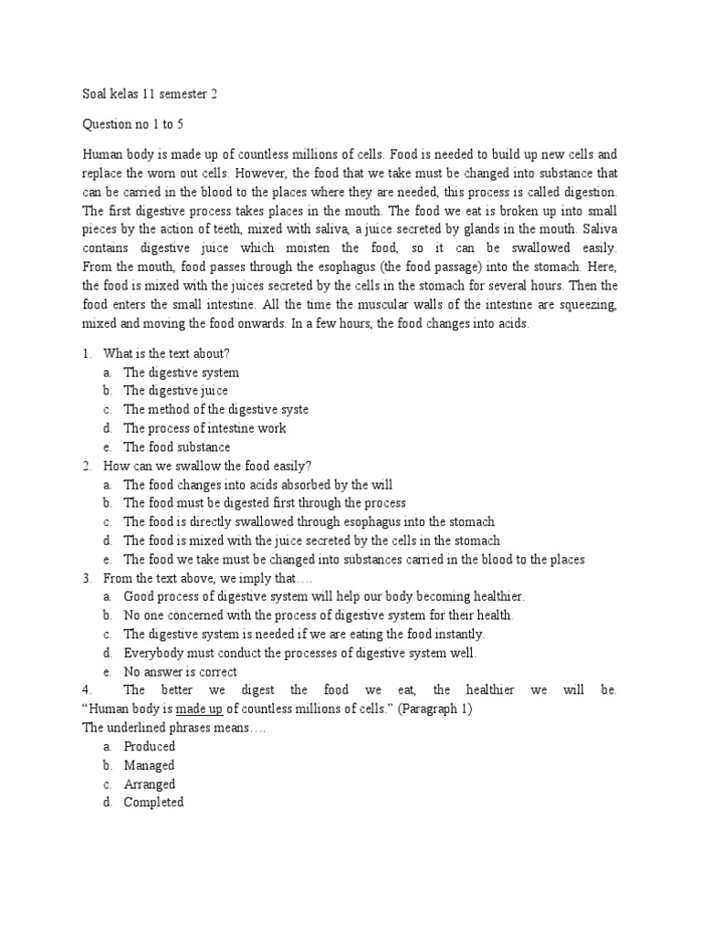 soal bhs ing sma it kelas 11 smstr 2 PDF Human Digestive System Acid