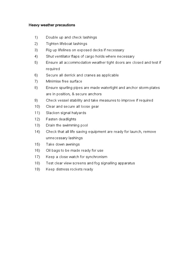 Heavy Weather Precautions for Ships | PDF