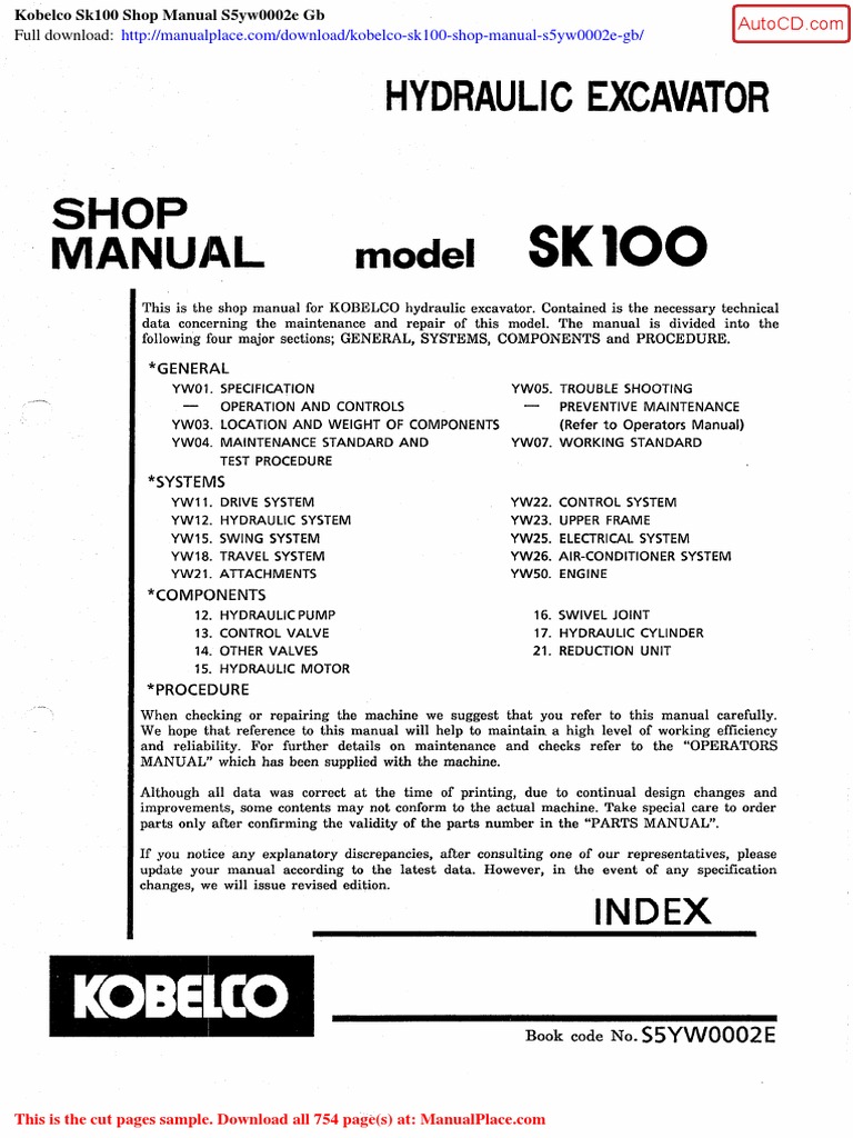 Kobelco SK100 Shop Manual Download | PDF