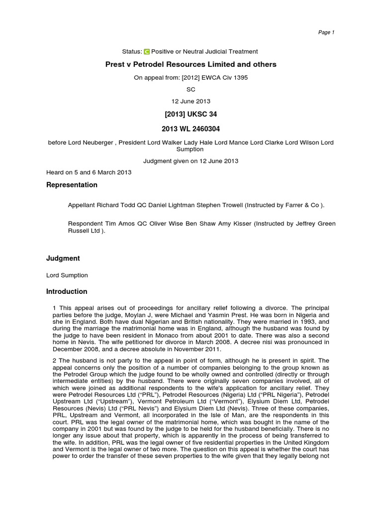 Prest v Petrodel (Official Transcript) PDF Piercing The Corporate