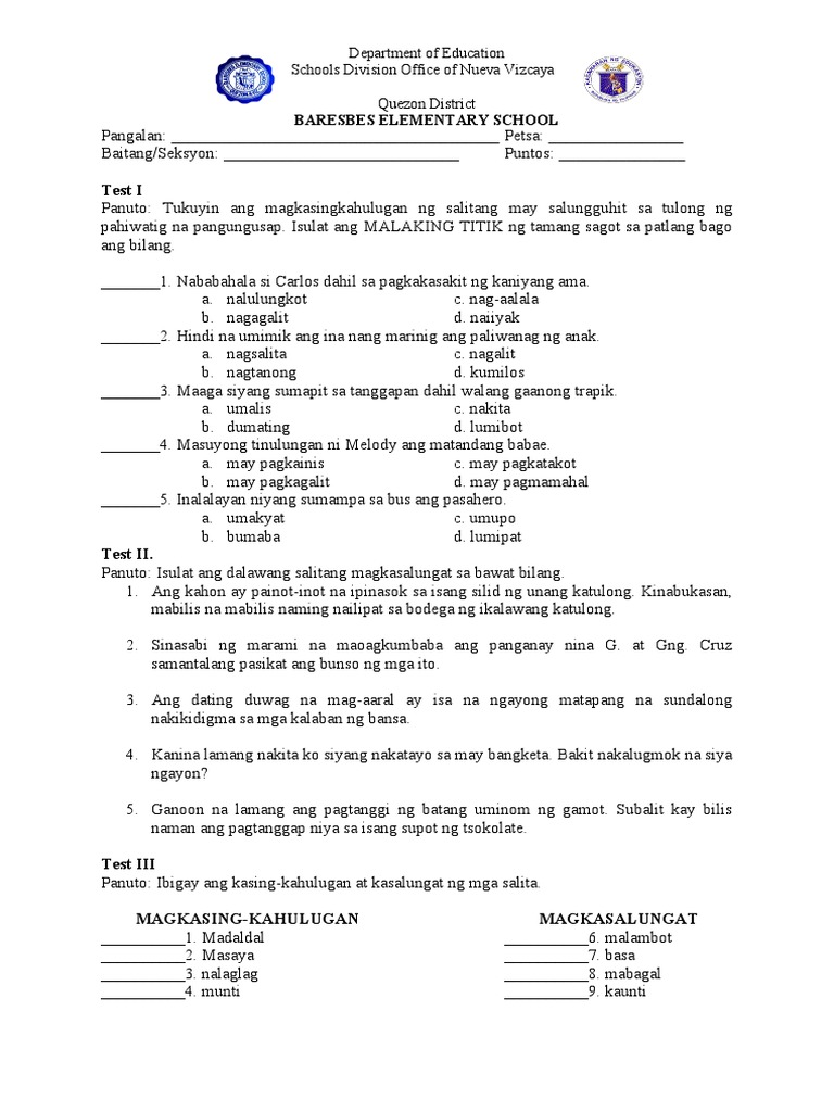Weekly Test - FILIPINO 5 (Week 4) | PDF