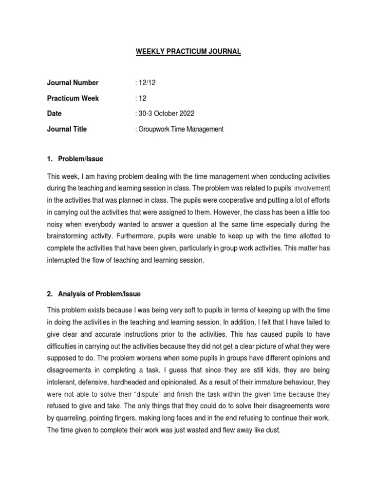 Weekly Practicum Journal: Time Management | PDF | Teachers | Teaching ...