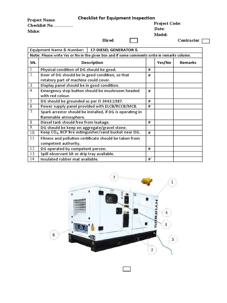 Diesel Generator Inspection Checklist | PDF | Technology & Engineering
