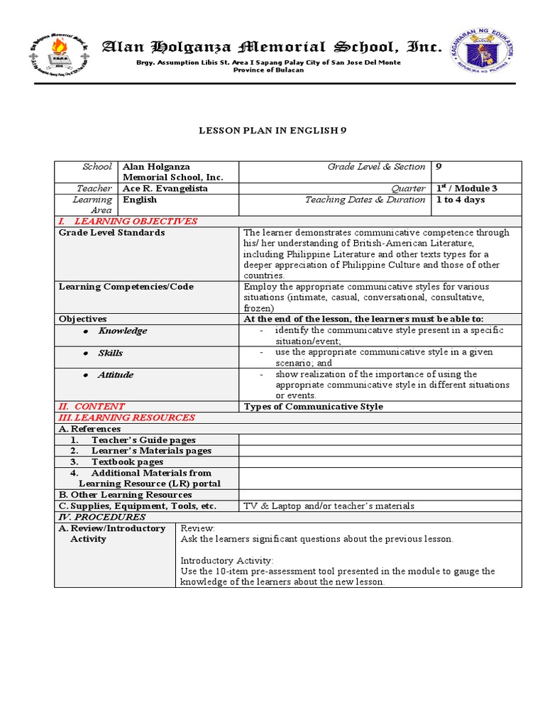 Communicative Styles Lesson Plan for Grade 9 | PDF