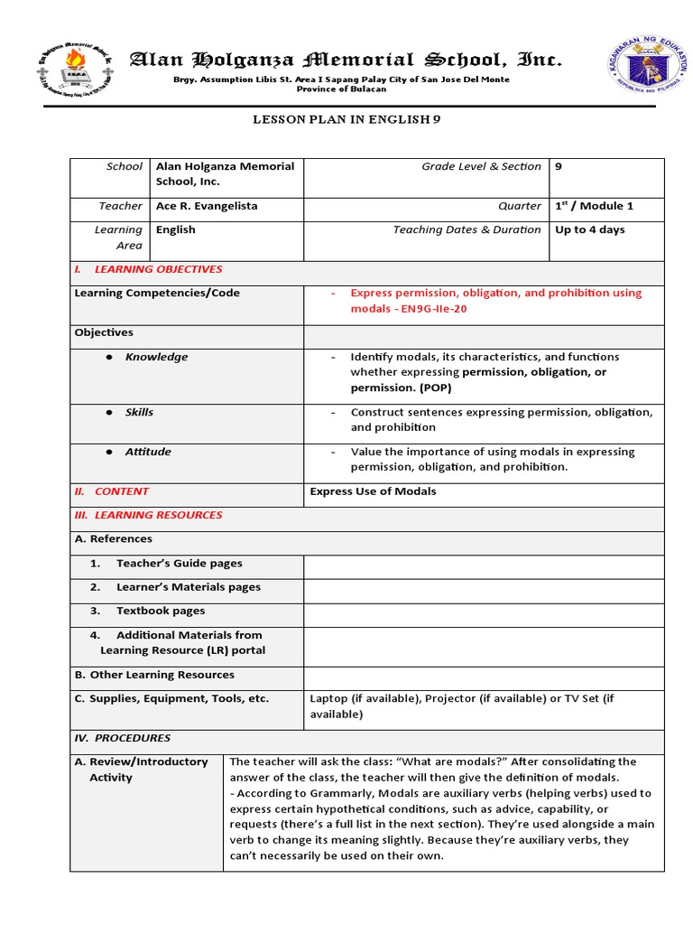 English 9 Lesson Plan: Modals Usage | PDF | Linguistics