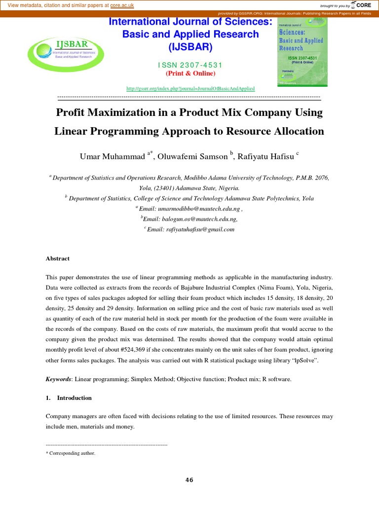 Profit Maximization in A Product Mix Company Using Linear Programming ...
