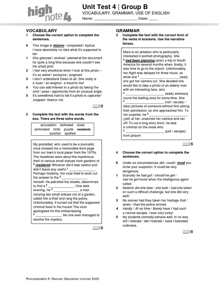 HighNote4 Unit Language Test Unit04 GroupB | PDF