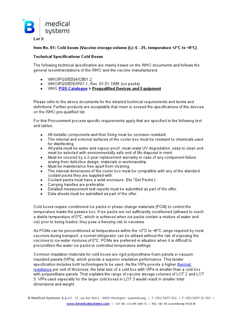 Cold Box Specifications for Vaccine Storage | PDF | Specification ...