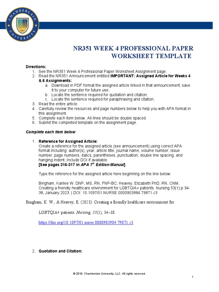 NR351 W4 Professional Paper Worksheet Template 0121ac (1) Week 4 | PDF