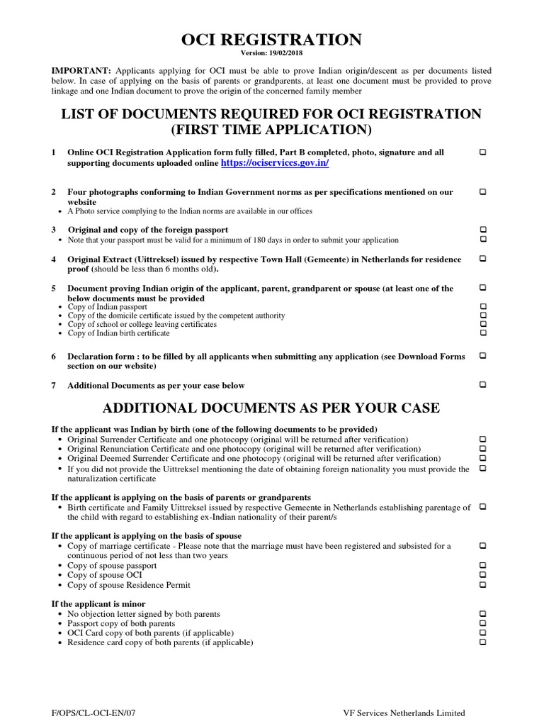 OCI Registration Document Checklist | PDF | Birth Certificate | Passport