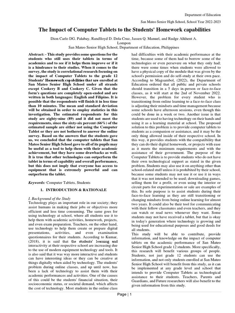 The impact of computer tablets to the students homework capabilities