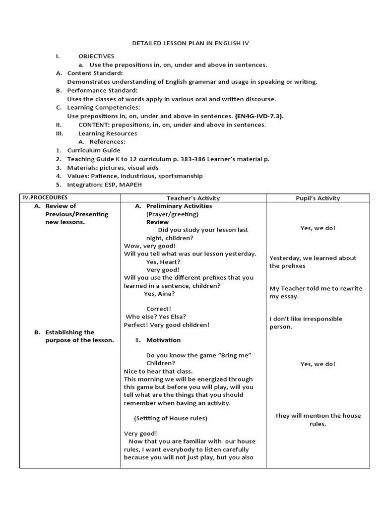 Detailed Lesson Plan In English Iv Pdf Lesson Plan English Language