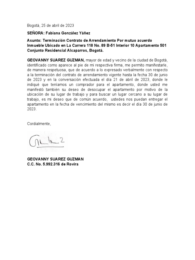 Carta terminacion contrato arrendamiento fabiana gonzalez ya ez pdf