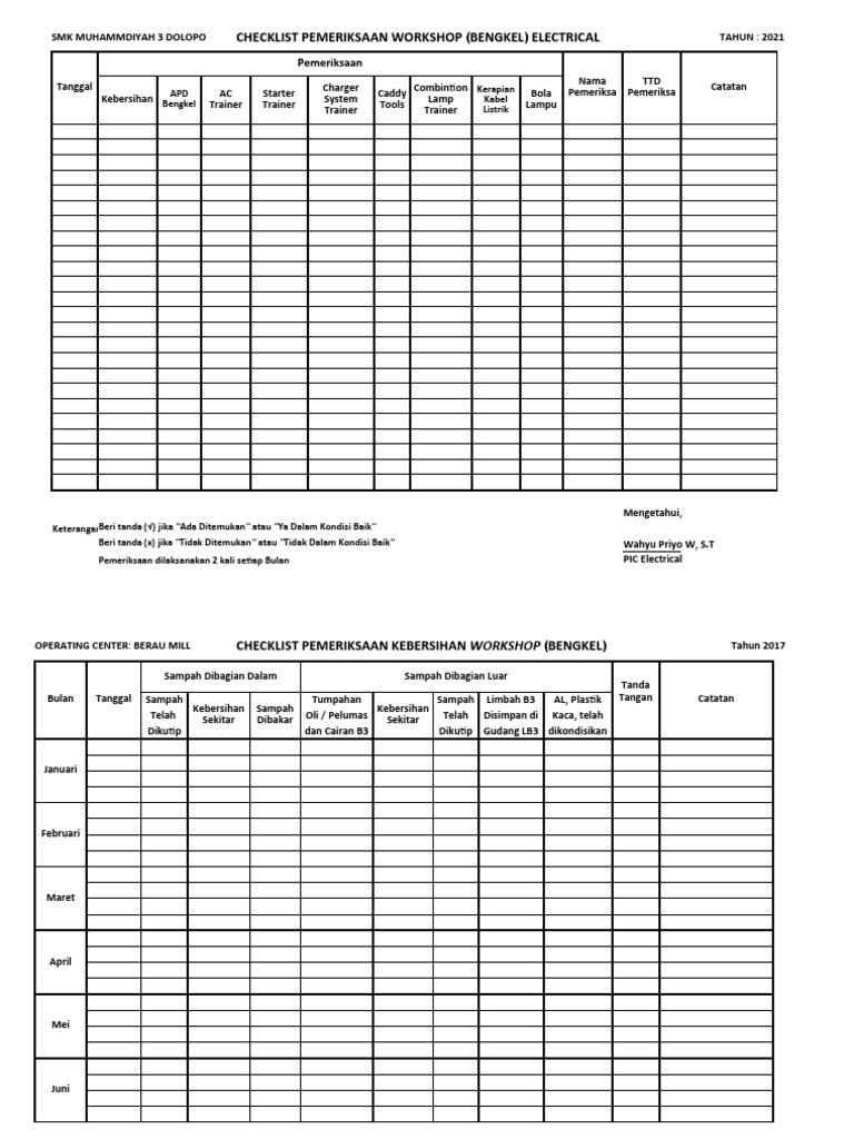 Checklist Pemeriksaan Workshop Bengkel Electrical | PDF