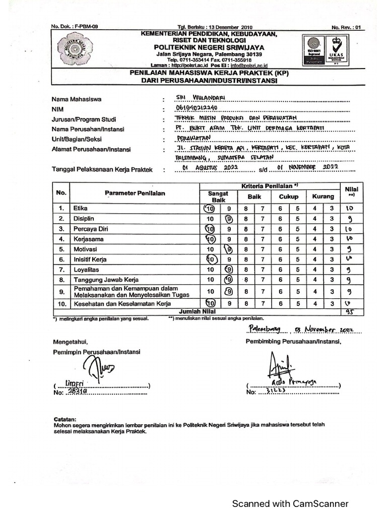 Nilai Magang_Sri Wulandari | PDF