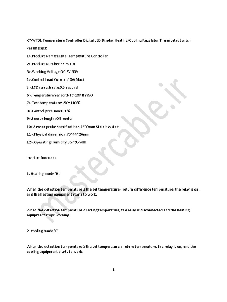XY-WT01 Temperature Controller Overview | PDF | Thermostat | Relay