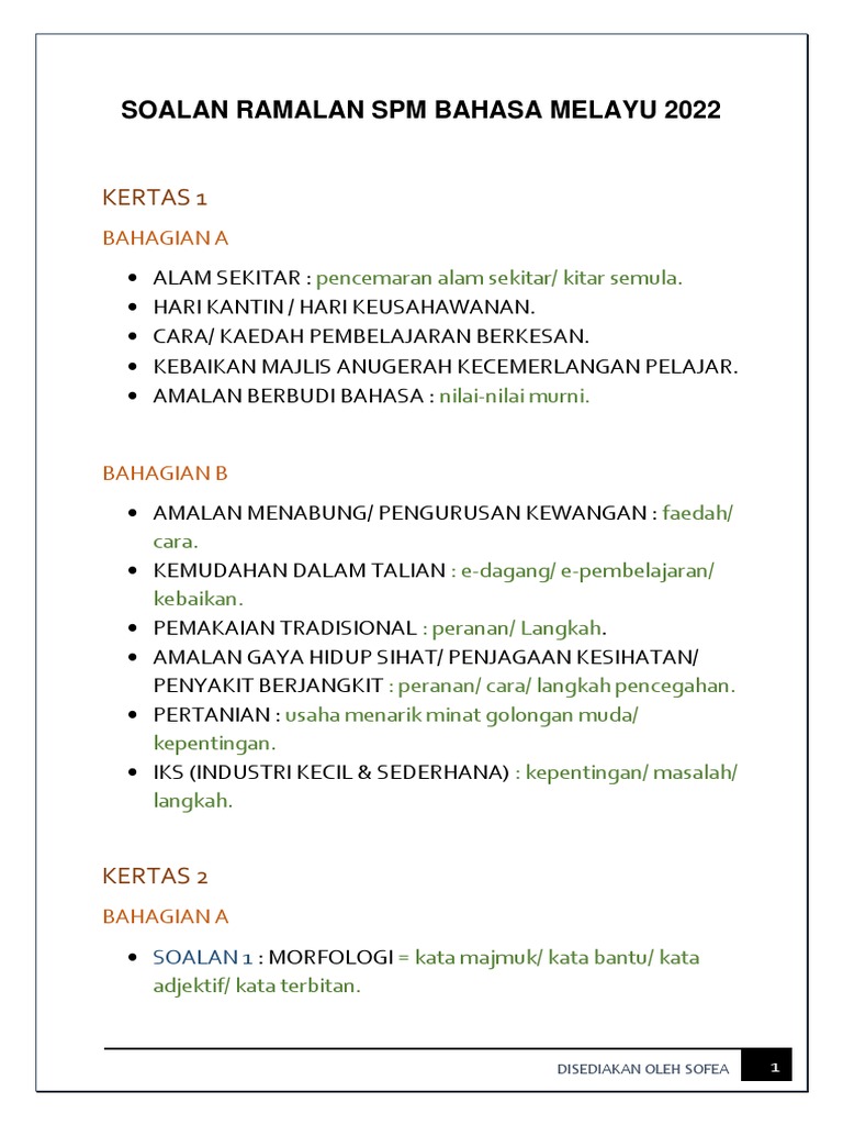 Soalan Ramalan SPM Bahasa Melayu 2022 | PDF