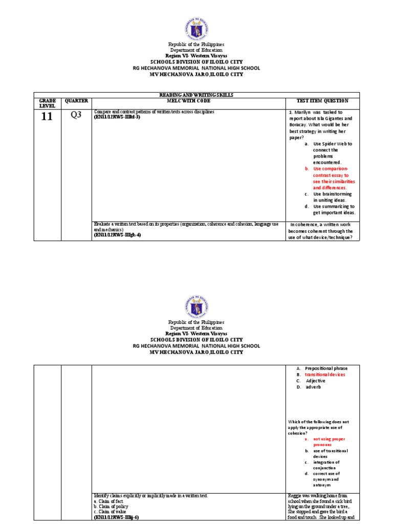 Reading and Writing Skills Melc RG Hechanova MNHS PDF
