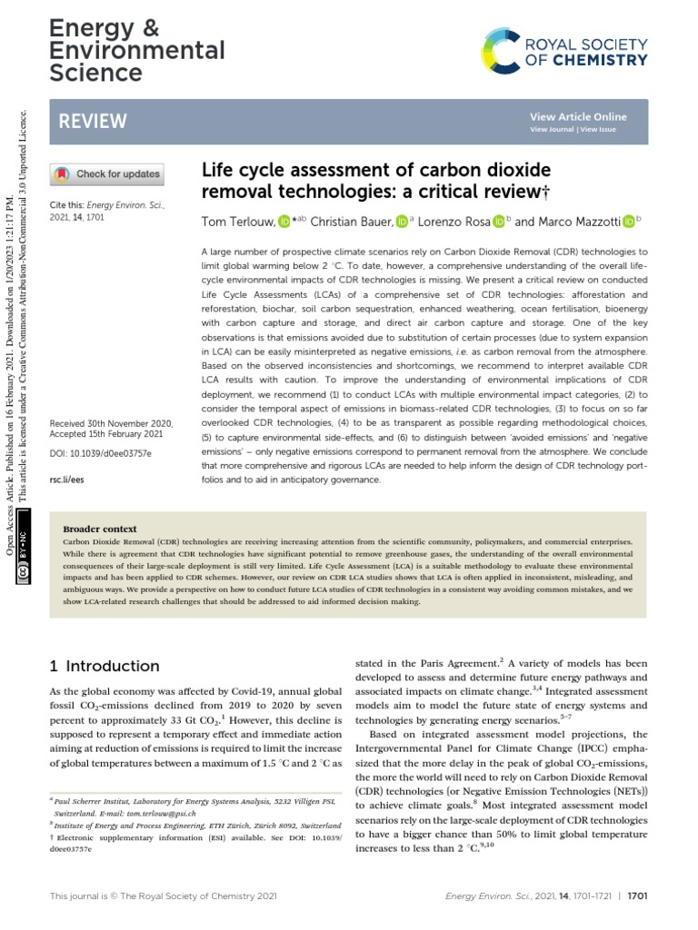 Life Cycle Assessment of Carbon Dioxide Removal Technologies | PDF