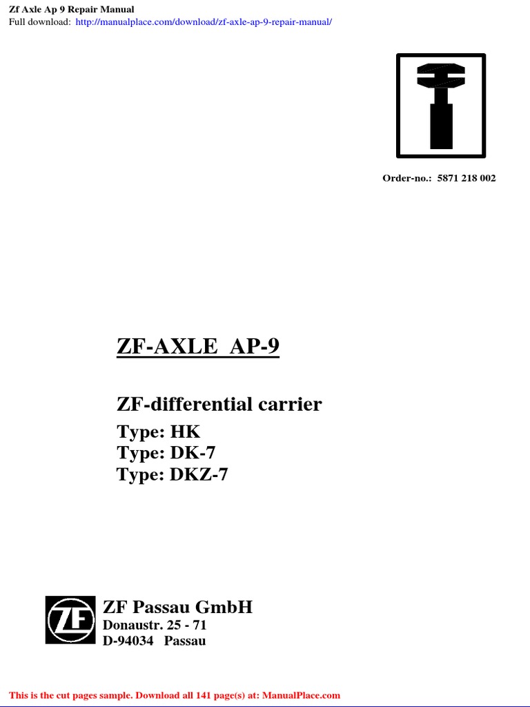 ZF Axle AP 9 Repair Manual | PDF | Bearing (Mechanical) | Gear