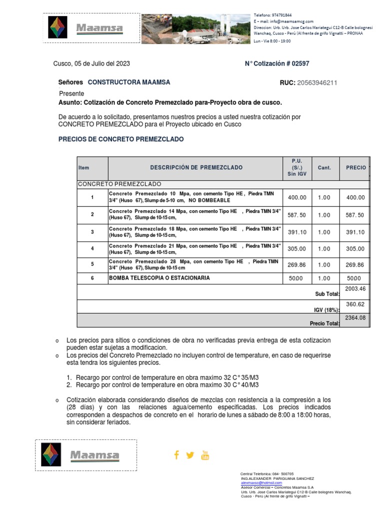 Cotización de Concreto Premezclado 2023 | PDF | Hormigón