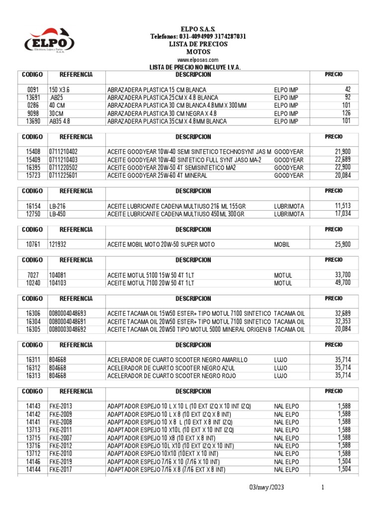 Lista de Precios ELPO S.A.S. | PDF