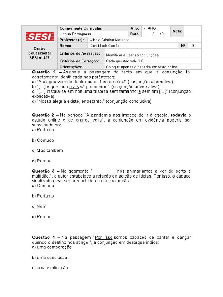 Exercícios de Conjunções 7º Ano com Gabarito | PDF
