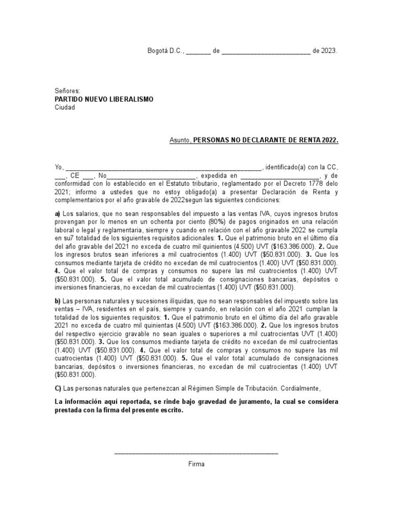 Persona No Declarante de Renta PDF