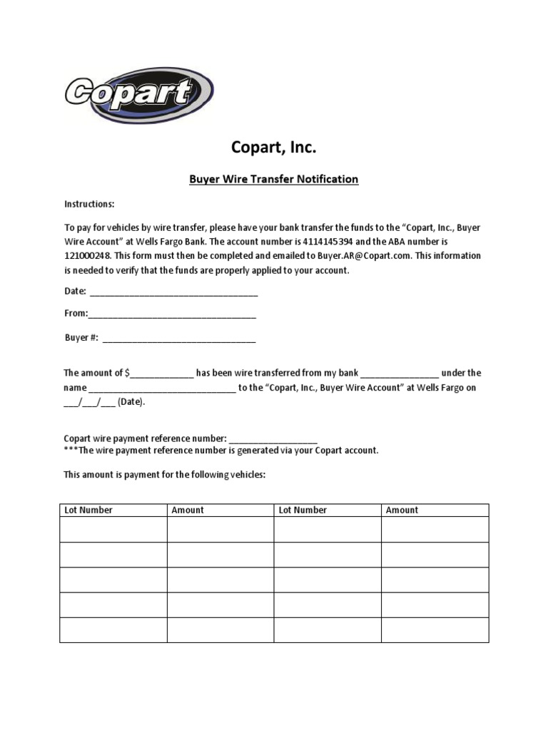 Copart Wire Transfer Instructions | PDF