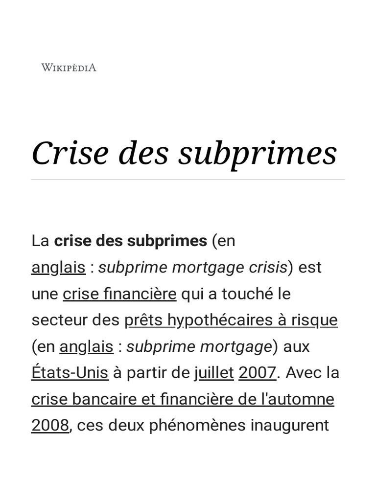 Crise des subprimes : Origines et impacts | PDF | Crise des subprimes ...