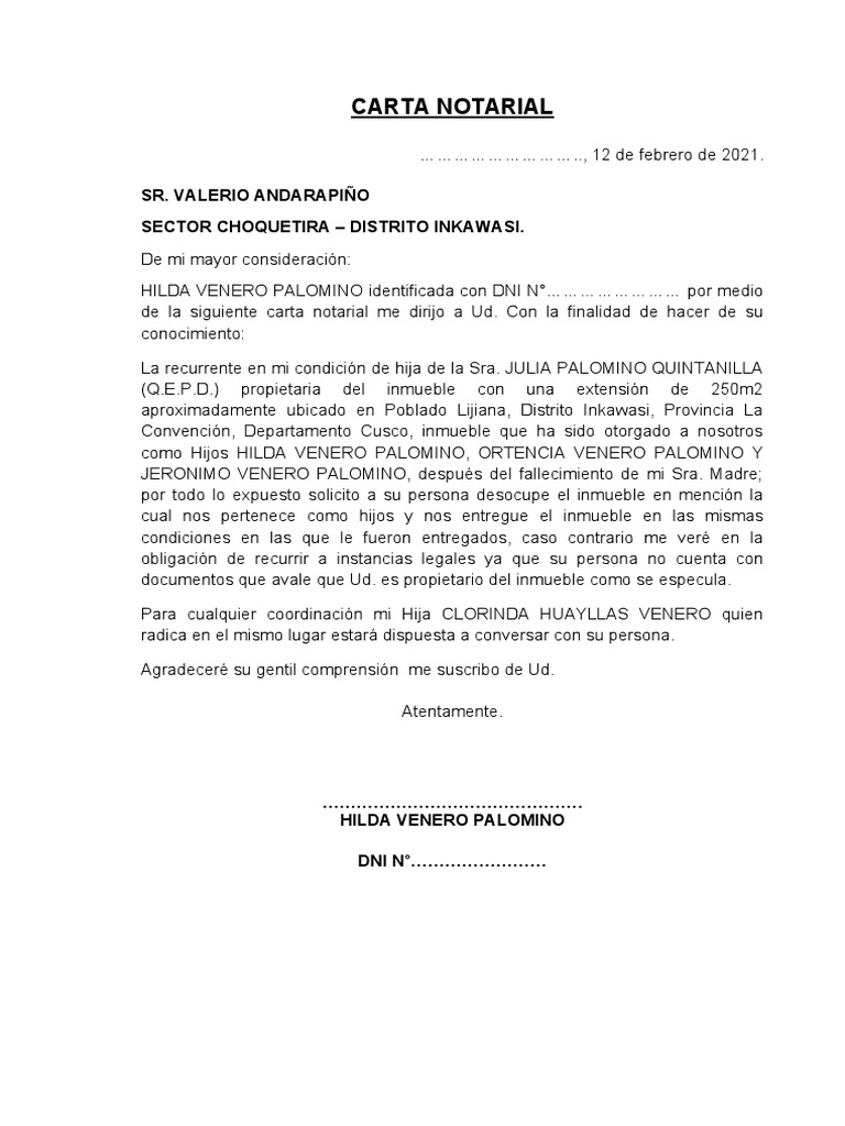 Carta Notarial Desocupar Inmueble Hilda Venero Palomino Pdf
