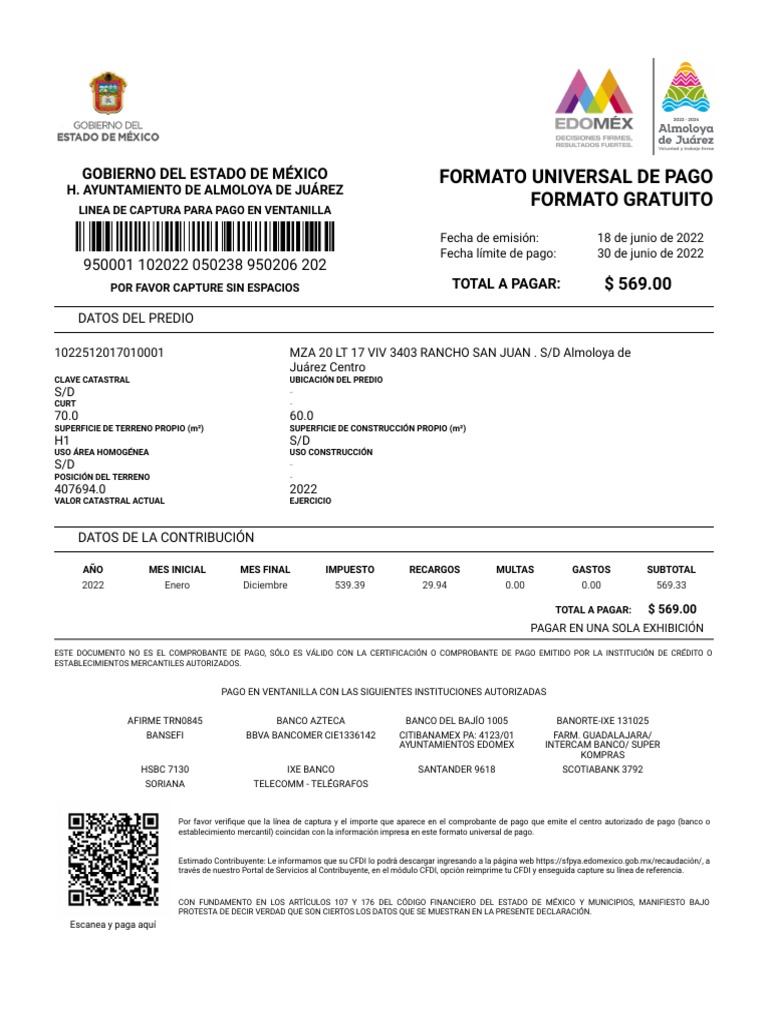 Ejemplo de Boleta Predial 2022 Almoloya | PDF | Bancario | Economias