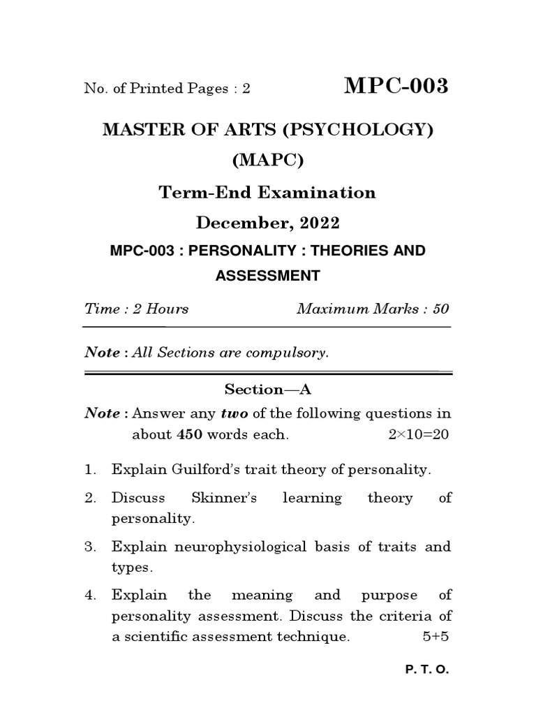Personality Theories and Assessment Exam | PDF