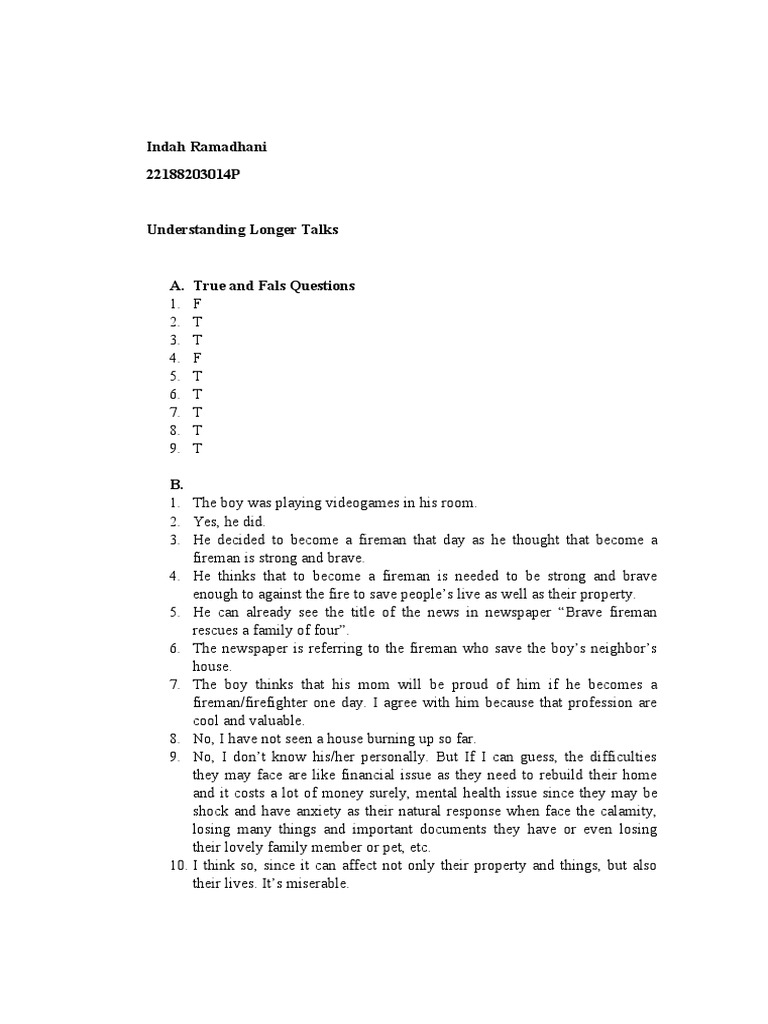 Understanding Longer Talks: True/False & Questions | PDF