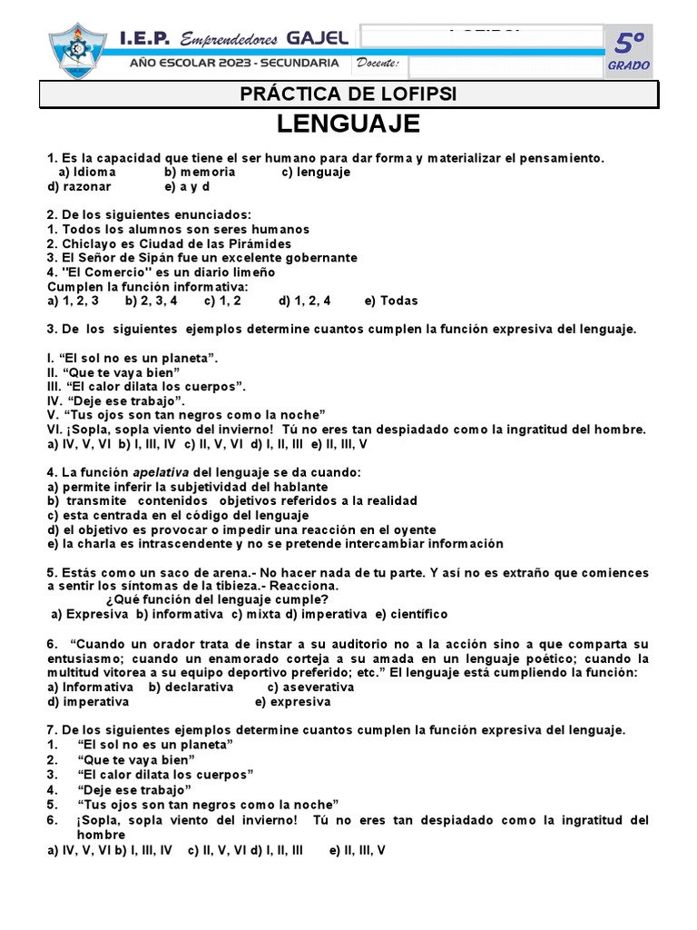 Funciones del Lenguaje en Ejercicios | PDF | Estudios de idiomas ...
