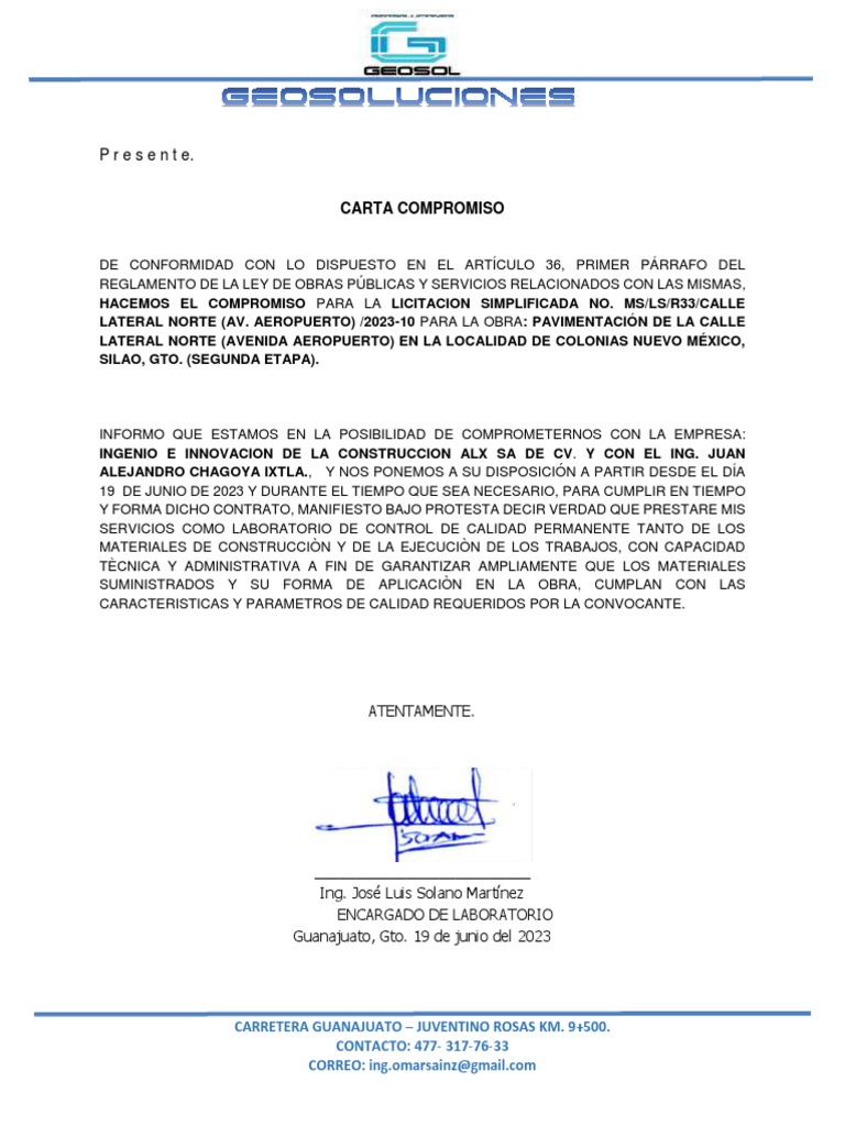 Carta Compromiso INGENIO | PDF | Finanzas y dinero | Derecho