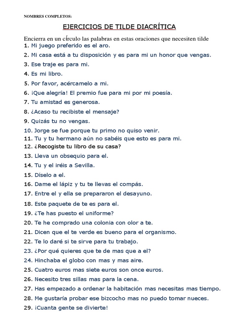 Ejercicios Tilde Diacritica 3ero de Secundaria | PDF