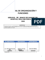 Manual de Organización Y Funciones: Servicio de Banco de Sangre Del Hospital Félix Mayorca Soto 2020