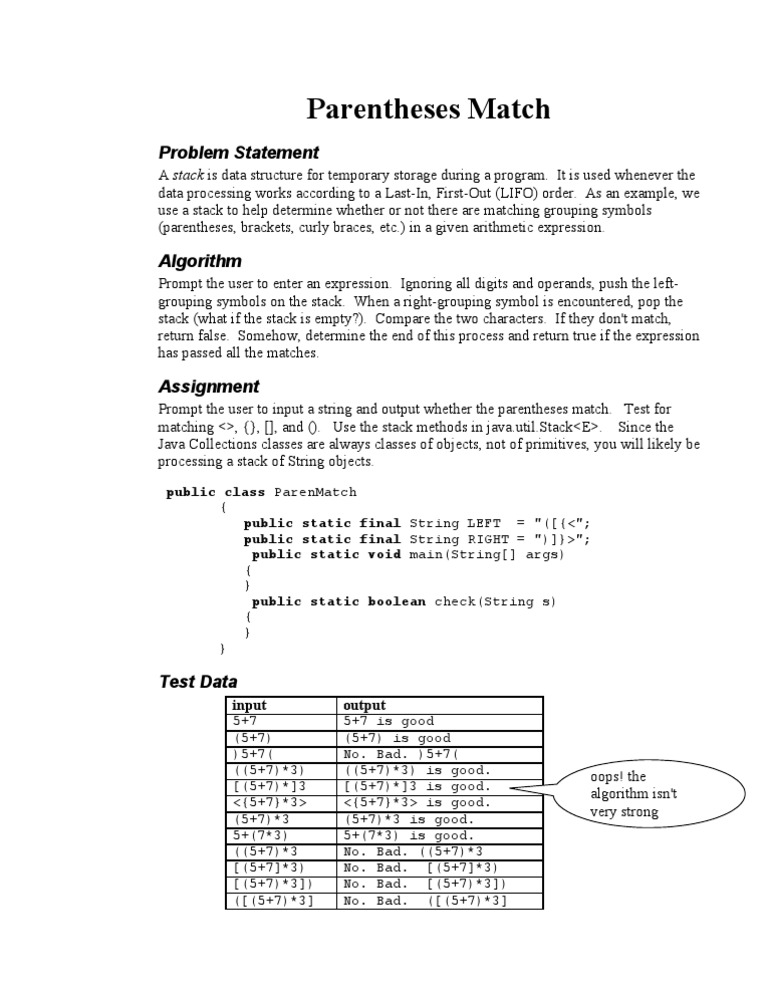 Parentheses Matching Algorithm in Java | PDF | Computers