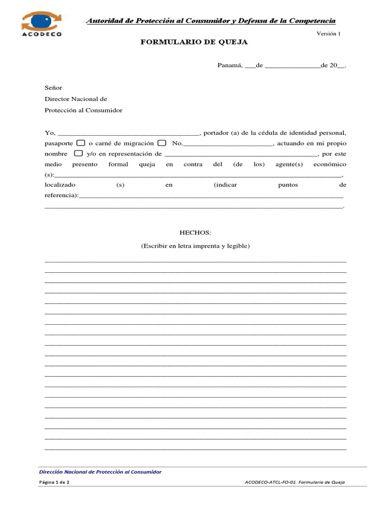 ACODECO-ATCL-FO-01. Formulario de Queja. Versión 1 | PDF | Los ...
