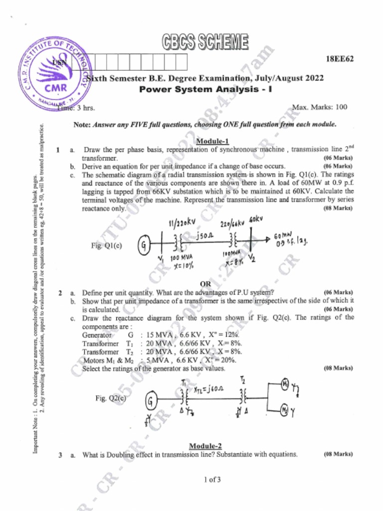 VTU Question Paper of 18EE62 Power System Analysis - I June-2022 | PDF
