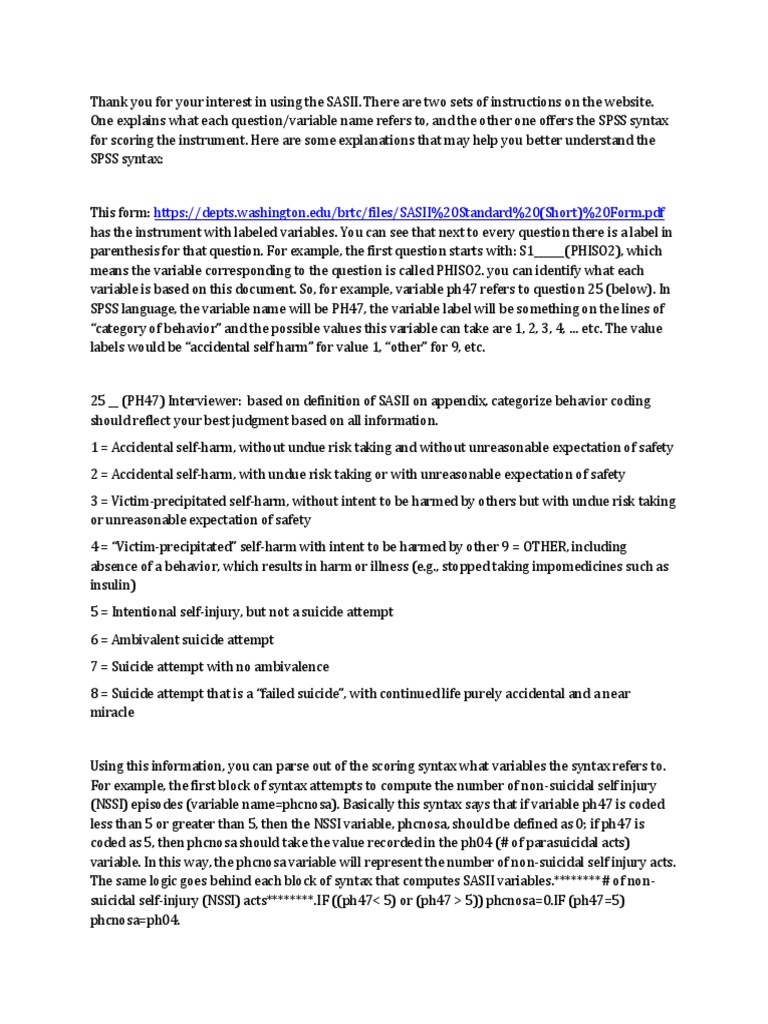 Detailed explanation of spss scoring syntax pdf self harm