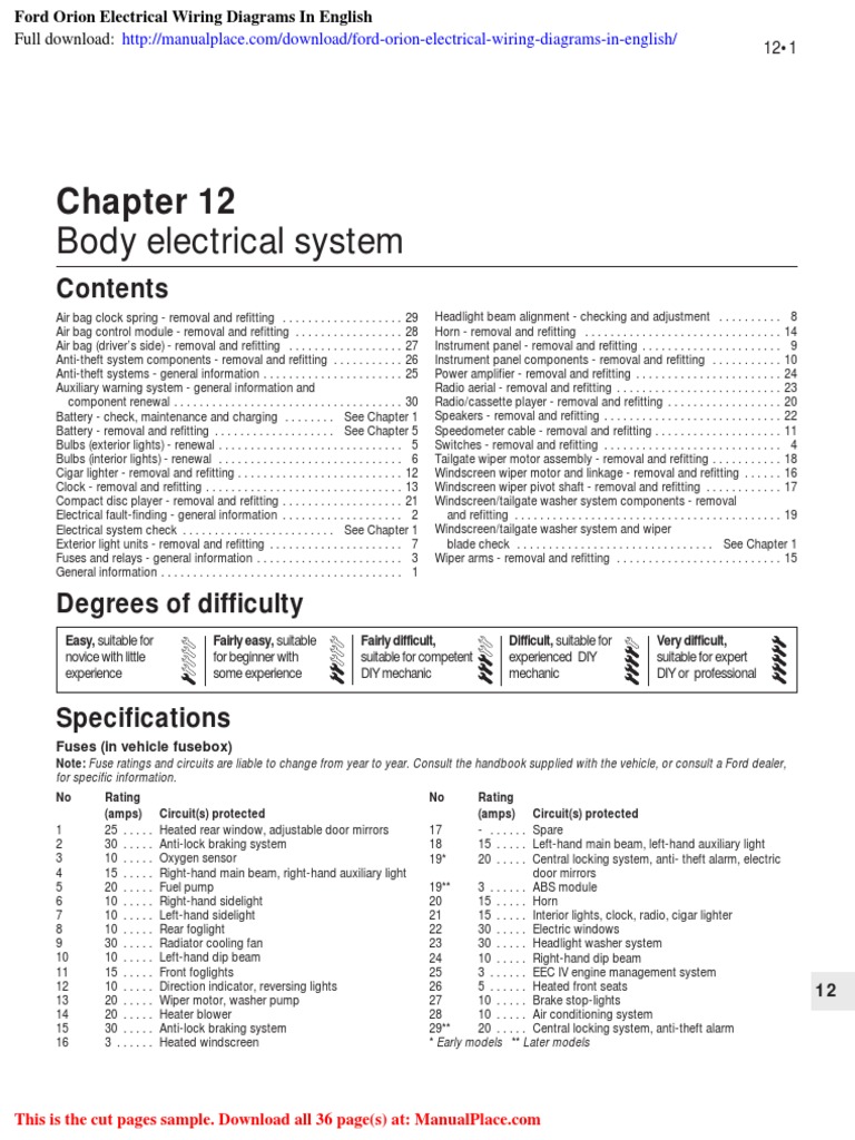 Ford Orion Electrical Wiring Diagrams in English | PDF | Fuse