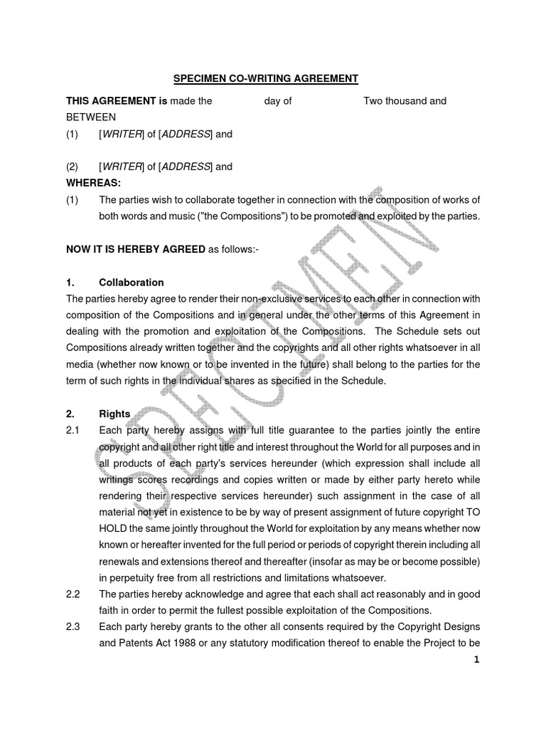 Specimen Co Writing Agreement PDF Copyright Breach Of Contract