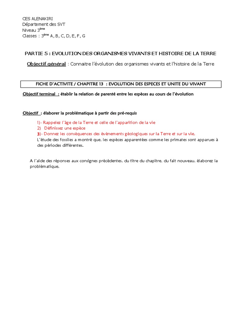 Chap 13 Activité 1 Elaboration De La Problématique Pdf Terre Espèces